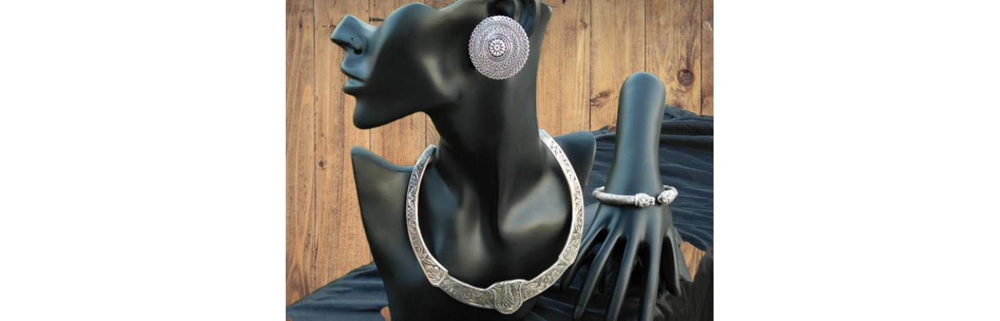 Alphabey's Tribal Bohemia Oxidised Silver  Choker Necklace for Women/Girls NK02